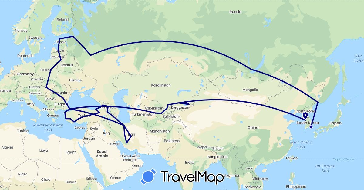 TravelMap itinerary: driving in Armenia, Estonia, Georgia, Hungary, Iran, Kyrgyzstan, South Korea, Kazakhstan, Lithuania, Latvia, Poland, Romania, Russia, Turkey, Uzbekistan (Asia, Europe)