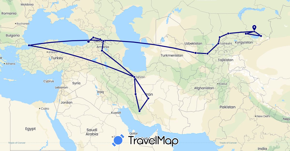 TravelMap itinerary: driving in Armenia, Georgia, Iran, Kyrgyzstan, Kazakhstan, Turkey, Uzbekistan (Asia)
